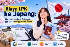 **Alt text:** Ilustrasi biaya LPK ke Jepang dengan peserta memegang paspor Jepang dan dokumen LPK, dilengkapi rincian biaya, kalkulator, uang, serta latar Gunung Fuji dan bunga sakura.