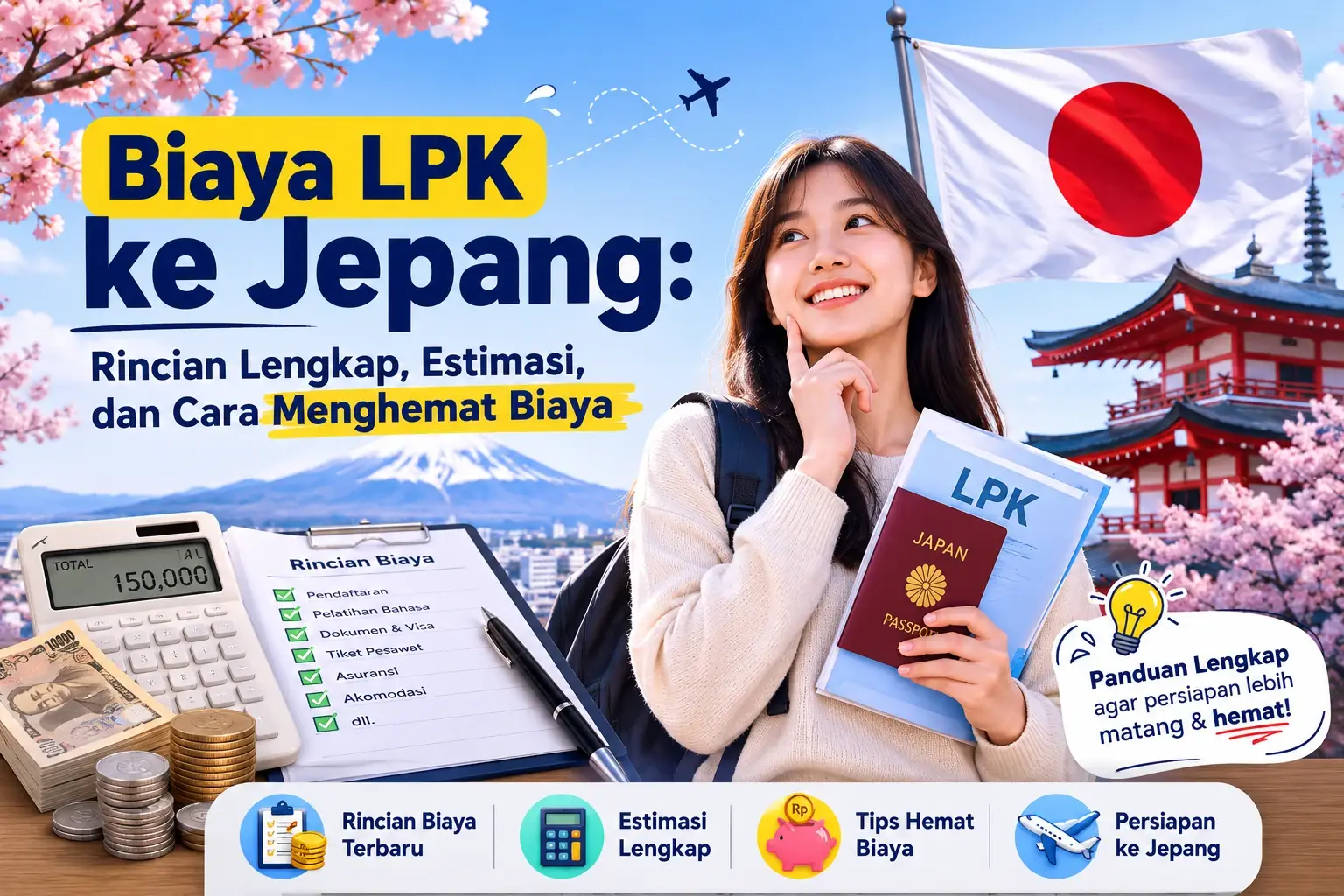 **Alt text:** Ilustrasi biaya LPK ke Jepang dengan peserta memegang paspor Jepang dan dokumen LPK, dilengkapi rincian biaya, kalkulator, uang, serta latar Gunung Fuji dan bunga sakura.
